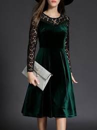 Green Cotton Blend A Line Elegant Paneled Midi Dress Velvet Cocktail Dress Latest African Fashion Dresses Velvet Dress