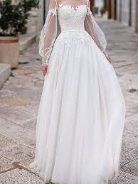 A Line Wedding Dresses Jewel Neck Floor Length Lace Tulle Long Sleeve Country Plus Size Illusion Sleeve Long Sleeve Wedding Dress Lace Long Train Wedding Dress Lace Wedding Dress With Sleeves