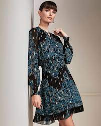 Long Sleeve Metallic Clip Dot Blouson Dress White House Black Market