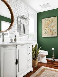 Modern Green Bathroom With Subway Tile Green Bathroom Bathroom Vanity Decor Bathroom Design