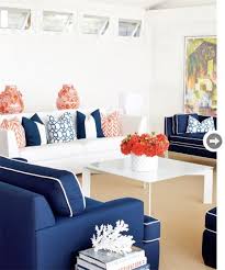 Blue And White Traditional Style Living Room With Red Accents That Pop Home Remodel Kitchen Bathroo Living Room Orange Coral Living Rooms Navy Living Rooms
