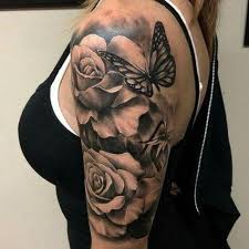 Best Half Sleeve Tattoos Ever Halfsleevetattoos Rose And Butterfly Tattoo Shoulder Tattoos For Women Tattoos