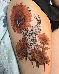Jimmy Munkaspeni On Instagram Sunflower And Geometric Deer Head Done This Morning Super Fun Piece And Arrow Head Tattoos Geometric Deer Head Geometric Deer