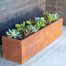 Rustic steel frame planters with reclaimed cedar wood planter custom steel planter boxes steel planters corten steel planters Veradek Trough 36 In Rust Corten Steel Metal Window Box Planter Trhv36cs The Home Depot
