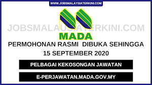 Jawatan kosong terkini yang diiklankan : Lembaga Kemajuan Pertanian Muda Mada Dibuka Sehingga 15 September 2020 Selasa Mohon Segera Jobs Malaysia Terkini