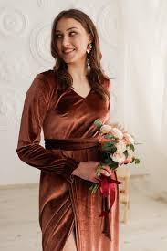 Copper Velvet Bridesmaid Dress Floor-length Prom Gown, Mother of the Bride  & Velvet Evening Dress