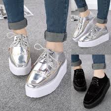 Womens Lace Up Metallic Shoes Creepers Thick Sole Oxfords Comfort Seam Stitched Flats Faux Leather Classic Shoes Shoes Diamante Shoe Boyshoe Cutter Aliexpress