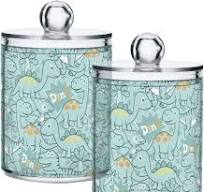 Dinosaurs Cartoon 2 Pack Plastic Apothecary Jars for Cotton Ball, Cotton  Swab, Floss Picks, Hair Clips