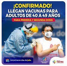 Las personas alcanzadas deben llenar un formulario digital en la web oficial de caba y esperar que se les confirme el día y horario del turno. Covid 19 Anuncian Vacunacion Para Personas De 40 A 49 Anos A Partir De Julio En Tacna Nndc Peru Gestion