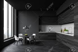 Here's another gorgeous grey kitchen featuring marble, this time in dark grey tones. Interior Of Modern Kitchen With White Tile And Grey Walls Dark Stock Photo Picture And Royalty Free Image Image 141206079