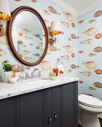 Maybe you would like to learn more about one of these? Talk About Bold Wall Paper This Fish Themed Wall Paper Really Compliments The Smooth Wave Inspired Design Of Fish Bathroom Bathroom Decor Bathroom Wallpaper