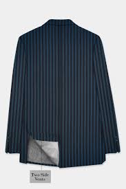 Tiber Blue And Jade Black Striped Wool Blend Double Breasted Blazer