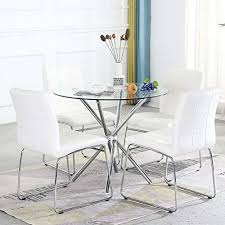 Tabletop surface made of melamine with replicated wood grain texture. Amazon Com Dining Table Set For 4 Modern Kitchen Table And Chairs For Small Space Round Glass Dining Table Faux Leather Dining Room Chairs Set Of 5 Pieces Easy Assembly For Home Business Table 4