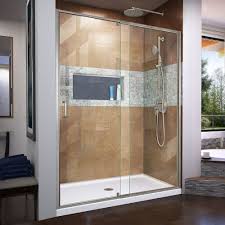 Flex 34 Inch D X 60 Inch W Shower Door In Brushed Nickel With Center Drain White Base Kit Products In 2019 Shower Doors Corner Shower Kits Frameless Shower Doors
