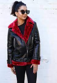 Oversized Faux Leather Fur Aviator Biker Jacket In Black Red Fashion Biker Jacket Red Leather Jacket