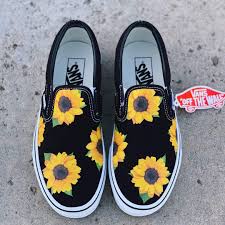 Black And White Checkered Vans With Sunflowers Sunflower Black Slip On Vans Slip On Shoes Vans Shoes Fashion Custom Vans Shoes