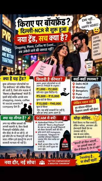 Rent a Boyfriend" सर्विस जापान से शुरू होकर भारत में भी popular हो गई है।  यह non-romantic companionship service है — movie, shopping, event के लिए  hourly basis पर boyfriend hire किया