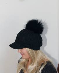 Fur Pompom Beanie Visor Cap Brim Hat Pompom Beanie Fur Pompom Etsy Brim Hat Fur Pom Pom Beanie News Boy Hat