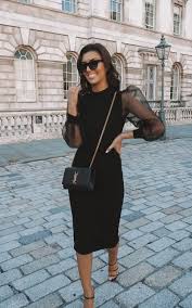 Juliet Puff Organza Sleeve Midi Dress Black Girl In Mind Silkfred Midi Dress With Sleeves Black Midi Dress Outfits