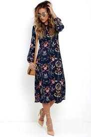 Garden Splendor Navy Blue Floral Print Dress Modest Dresses Navy Blue Floral Print Dress Trendy Dresses