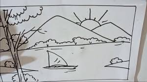 If you want your beach scene to take place at sunrise or sunset, then draw the sun as half a circle, sticking out of your horizon line, in the middle of the page.if you want your beach scene to take place in the middle of the day, then draw the sun as a full circle floating in the sky. Sunrise Line Drawing With Sketch Pen Landscaep Drawing For Kids Flower Drawing Images Sunrise Drawing Lotus Flower Drawing