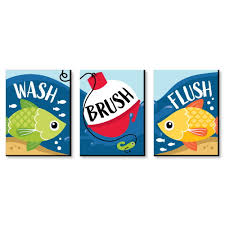 American expedition is proud of our unique selection of fishing themed rainbow trout gifts, trout wall art, trout clocks, trout fishing kitchen and bath accessories, fishing drinkware and trout fishing home decor items. Let S Go Fishing Fish Themed Kids Bathroom Rules Wall Art 7 5 X 10 Inches Set Of 3 Signs Wash Brush Flush Walmart Com Walmart Com