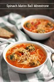 A Twist On Chicken Noodle Matza Ball Soup With A Minestrone Base And Spinach Matza Balls Minestrone Soup Kosher Recipes Matzoh Ball