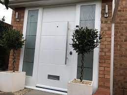 Modern entrance door main entrance door design home entrance decor. Modern Front Door With 2 Fully Glazed Side Panels Colour Ral9016 Traffic White Modern Front Door Front Door Entrance Exterior Front Doors