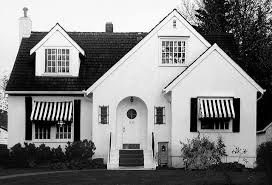 Black And White Striped Window Awnings House With Striped Awnings House Awnings House Exterior Cottage Style