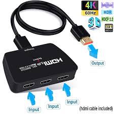 It comes with several cables like an hdmi cable and an ac power cord. 4k 60hz Hdmi Switch Hdmi Switcher 2 0 Supports 4k 60hz Hdcp2 2 Hdr 1080p 3d 3 In 1 Out For Fire Stick Tv Ps4 Ps3 Sky Box X Box One Dvd Pc Dvd Sky Box Roku Etc Included A Hdmi Output Cable Buy Online In Aruba