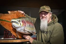 The rainbow trout back is dusky olive and the sides along with dorsal and tail fins covered with many black spots. Scott Heerey S 24lb Rainbow Trout Caught And Mounted The Examiner Launceston Tas