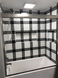 Black And White Checkered Tile Bathroom Plaid Buffalo Check Black White And Grey Tub Shower Walls Bathroom Inspiration Diy Bathroom Shower Tub