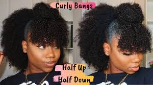 Natural Hairstyle Half Up Half Down With Curly Bangs Video Https Blackhairinformation Com Vide Natural Hair Styles Natural Hair Styles Easy Curly Bangs