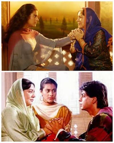 In this emotional scene from the legendary Dilwale Dulhania Le Jayenge (1995), we see Farida Jalal with Shah Rukh Khan and Kajol, capturing a moment filled with warmth and love. Farida Jalal