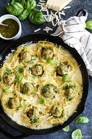 Creamy Garlic Pasta Nests With Pesto Chicken Meatballs Recipe Creamy Garlic Pasta Chicken Meatballs Pesto Chicken