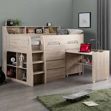 The arctic white wooden kids low cabin bed frame has three storage areas, integrated shelving, and a white exterior. Jupiter Oak Wooden Mid Sleeper Cabin Bed Frame 3ft Single