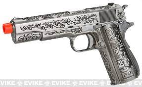 Pistola a gas scarrellante we 1911 floral edition. We Tech Full Metal Filigree 1911 Heavy Weight Airsoft Gas Blowback Pistol Silver Airsoft Guns Gas Airsoft Pistols Evike Com Airsoft Superstore