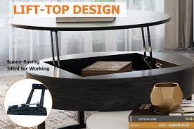 It features a durable metal frame and four storage ottomans that are also finished in neutral black color. Modern Round Coffee Table With Storage Lift Top Wood Coffee Table With Rotatable Drawers In White Natural White Black Marble White Furniture
