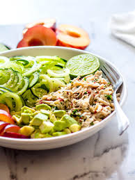 Cover and chill at least 1 hour before serving. Healthy Asian Crab And Avocado Spiralized Cucumber Salad Paleo