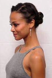 Updos for short hair like this work well for any hair type and texture (fine to coarse, straight hair or curly, etc). African American Daily Hairstyles Zoe Saldana Cute Simple Casual Updo Hairstyle Hairstyles Weekly Casual Hair Updos Up Dos For Medium Hair Medium Hair Styles