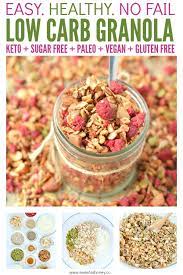 In a large bowl, combine the first 7 ingredients. Grain Free Sugar Free Granola Is A Low Carb Healthy Cereal Delicious With Almond Milk For Breakfast Low Carb Granola Recipe Sugar Free Granola Low Carb Granola