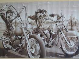 22x34 Taz Bugs Bunny Riding Motorcycles Poster Vtg 1996 Biker Desert Choppers Biker Art Bike Art Looney