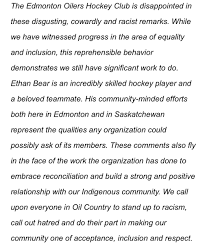 The latest tweets from @e_bear97 Zach Laing On Twitter The Oilers Have Released This Statement In Response To The Racist Remarks Directed Towards Ethan Bear