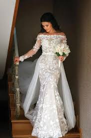 Mermaid Long Sleeve Lace Appliques Off The Shoulder Detachable Train Wedding Dresses Sta15262 In 2020 Cheap Wedding Dress Lace Weddings Wedding Dress Train
