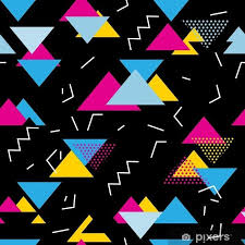 Geometric hipster triangular background, art deco seamless pattern. Seamless Geometric Pattern With Magenta Blue Yellow Triangles In Pop Art Retro 80s Style With Lines Zigzag Dot On Black Background Wall Mural Pixers Pop Art Patterns Retro Painting Retro Pattern