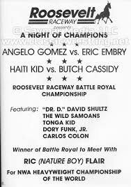 Program and card from ICW/NWA Night of Champions I. Held at Roosevelt  Raceway in Westbury, NY. July 19, 1985. Carlos Colon won the battle royal,  earning a match with NWA World Champion