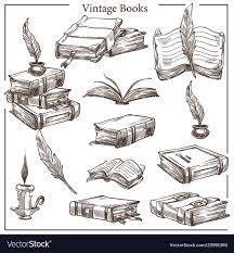 Literature Vintage Books Isolated Sketches Feather And Ink Pot Vector Textbooks And Volumes Pages And Hardcover Education And Sketches Book Drawing Book Tattoo
