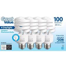Great Value Light Bulb 23w 100w Equivalent Spiral Cfl Daylight 4 Pack Fluorescent Light Bulb Compact Fluorescent Bulbs Bulb