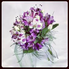 Hand Tied Bouquet Of Purple Variegated Alstroemeria With White Sweetheart Roses Rhinestones Alstroemeria Bouquet Bridal Bouquet Alstroemeria Bouquet Wedding
