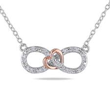 1 10 Ct T W Diamond Sideways Infinity With Heart Necklace In Two Tone Sterling Silver Diamondheartnecklace Silver Diamonds Infinity Necklace Silver Necklace